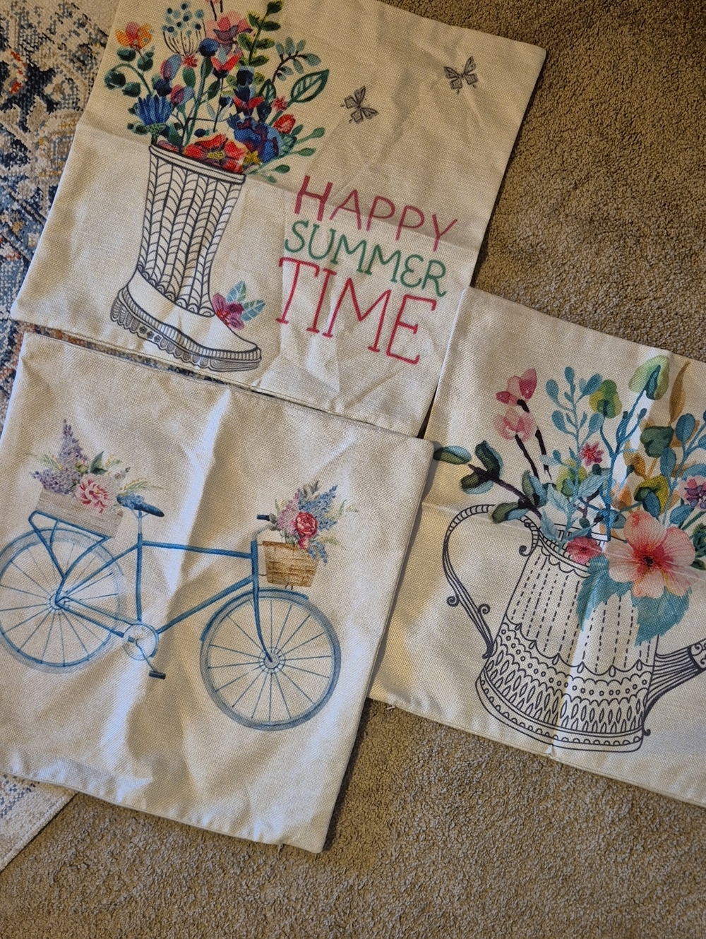 Floral Summer Throw Pillow Covers - Bicycle & Pitcher Designs